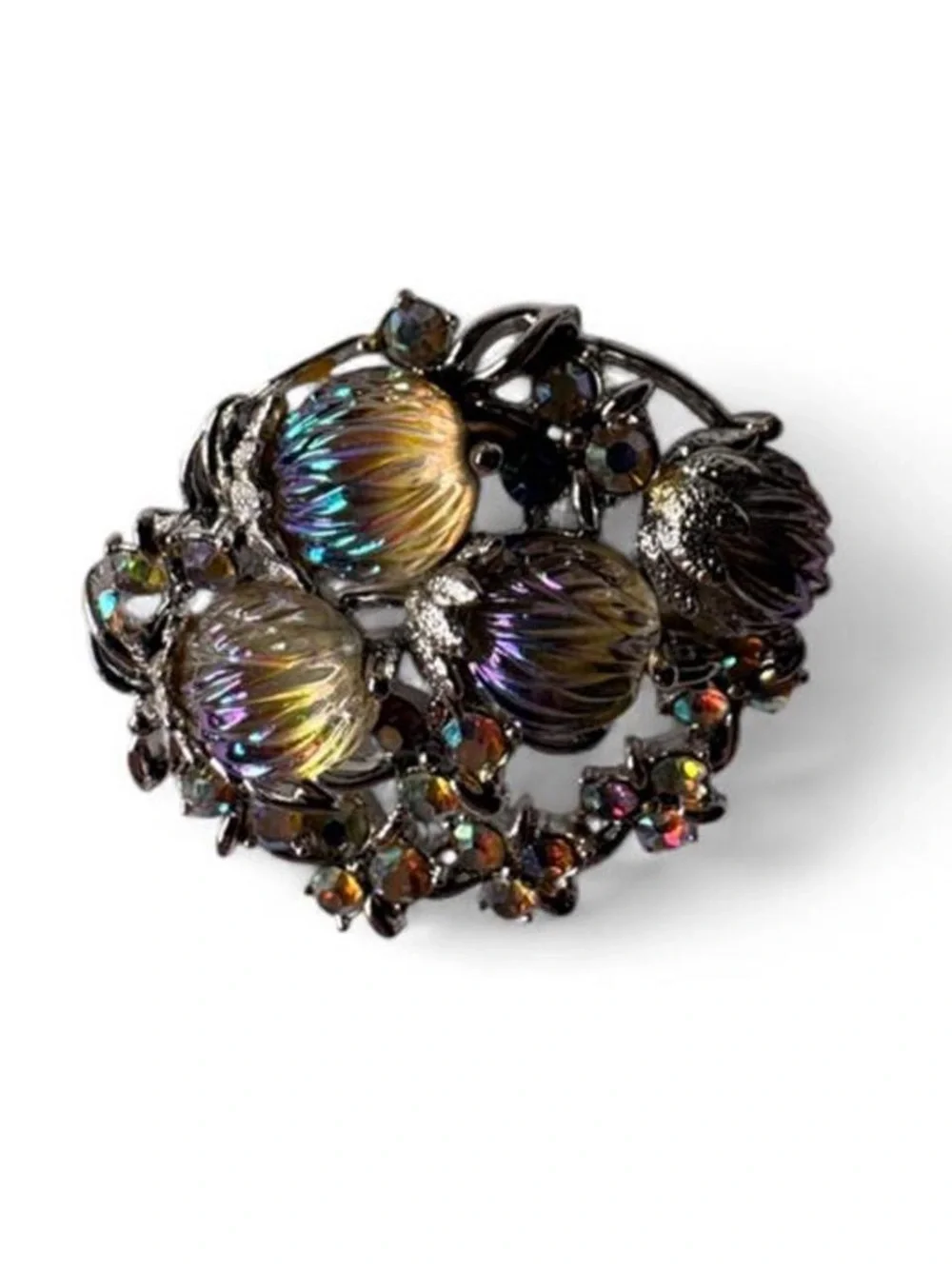 Vintage Mid Century Iridescent Aurora Borealis Oil Spill Floral Thistle Brooch